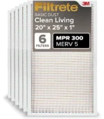 Filtrete 20x25x1 Air Filter MERV 5, 6-Pack AC Furnace HVAC Filters for Home, MPR 300 Basic Dust Defense, Pleated Electrostatic Removes Lint & Dust (Actual Size 19.69x24.69x0.81 in)