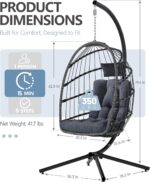 SWITTE Egg Chair Outdoor with Stand, Indoor Wicker Hanging Egg Swing Chair with Cushion, 350lbs Capacity for Patio, Bedroom, Garden - Dark Grey - Image 2