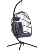 SWITTE Egg Chair Outdoor with Stand, Indoor Wicker Hanging Egg Swing Chair with Cushion, 350lbs Capacity for Patio, Bedroom, Garden - Dark Grey