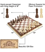 AMEROUS 15 Inches Magnetic Wooden Chess Set - 2 Extra Queens - Folding Board - Pieces Storage Slots, Handmade Portable Travel Chess Game - Beginner Chess Set for Kids, 6 up Age - Image 2