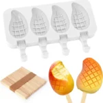 Juome Mango Shape Silicone Popsicle Molds - 4 Cavity 3D Mango Ice Cream Molds with 50 Wooden Sticks for Ice Pop, Cake Pop, Cakesicles, Fruit Pudding