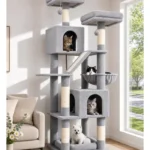 Globlazer F74D Cat Tree for Large Cats 20+ lbs, 74in Tall Tower, Light Grey | Easy Assembly, Maine Coon, Large Cats, 2 Condos, Steel-Rim Basket Bowl, Plush Bed, 2 Perches, Sisal Posts, Anti-Topple Strap