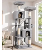 Globlazer F74D Cat Tree for Large Cats 20+ lbs, 74in Tall Tower, Light Grey | Easy Assembly, Maine Coon, Large Cats, 2 Condos, Steel-Rim Basket Bowl, Plush Bed, 2 Perches, Sisal Posts, Anti-Topple Strap