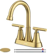 4 inch Brushed Gold Bathroom Sink Faucet with Pop-up Drain and 2 Supply Hoses, Stainless Steel Lead-Free 2-Handle Centerset Faucet for Bathroom Sink Vanity RV