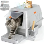 Extra Large Stainless Steel Litter Box with Lid, High Sided Enclosed Metal Cat Litter Pan, Dog Proof Front Entry Top Exit, Odor Control Easy Clean Leak Proof, Includes Scoop & Step, Light Gray