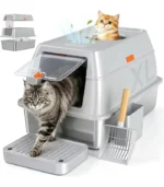 Extra Large Stainless Steel Litter Box with Lid, High Sided Enclosed Metal Cat Litter Pan, Dog Proof Front Entry Top Exit, Odor Control Easy Clean Leak Proof, Includes Scoop & Step, Light Gray